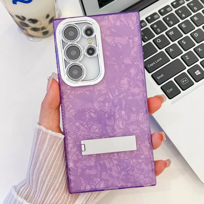 For Samsung Galaxy S25 Ultra 5G Plating Glitter Texture Fold Holder TPU Phone Case with Lens Film(Purple Shell Pattern) by buy2fix