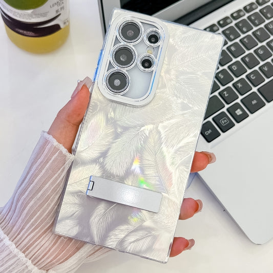 For Samsung Galaxy S25 Ultra 5G Plating Glitter Texture Fold Holder TPU Phone Case with Lens Film(White Feathers) by buy2fix