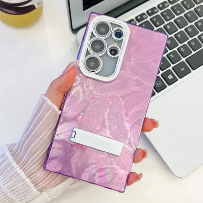 For Samsung Galaxy S25 Ultra 5G Plating Glitter Texture Fold Holder TPU Phone Case with Lens Film(Purple Feathers) by buy2fix