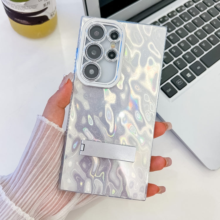 For Samsung Galaxy S25 Ultra 5G Plating Glitter Texture Fold Holder TPU Phone Case with Lens Film(White Wrinkles) by buy2fix