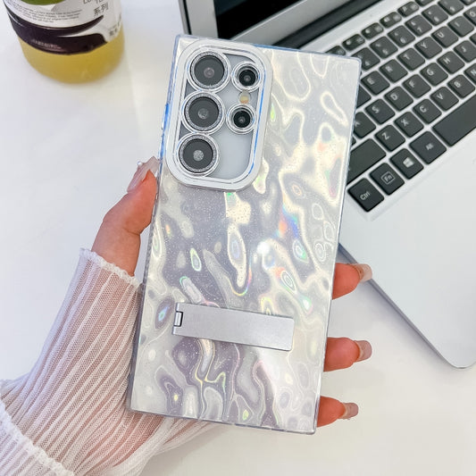 For Samsung Galaxy S25 Ultra 5G Plating Glitter Texture Fold Holder TPU Phone Case with Lens Film(White Wrinkles) by buy2fix