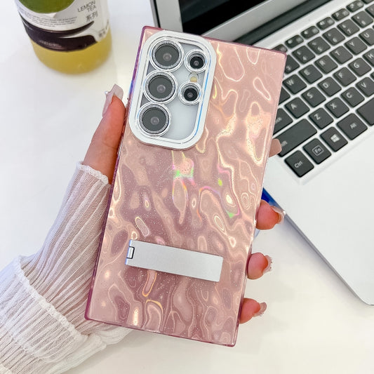 For Samsung Galaxy S25 Ultra 5G Plating Glitter Texture Fold Holder TPU Phone Case with Lens Film(Pink Wrinkles) by buy2fix