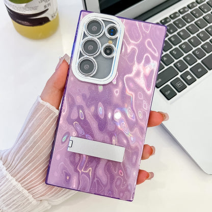 For Samsung Galaxy S25 Ultra 5G Plating Glitter Texture Fold Holder TPU Phone Case with Lens Film(Purple Wrinkles) by buy2fix