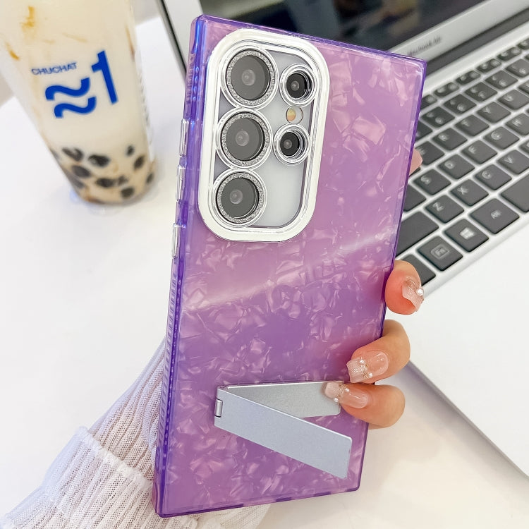 For Samsung Galaxy S25 5G Plating Glitter Texture Fold Holder TPU Phone Case with Lens Film(Purple Shell Pattern) by buy2fix
