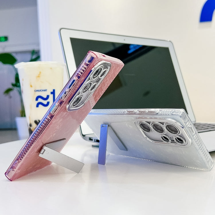 For Samsung Galaxy S25 Ultra 5G Plating Glitter Texture Fold Holder TPU Phone Case with Lens Film(White Wrinkles) by buy2fix