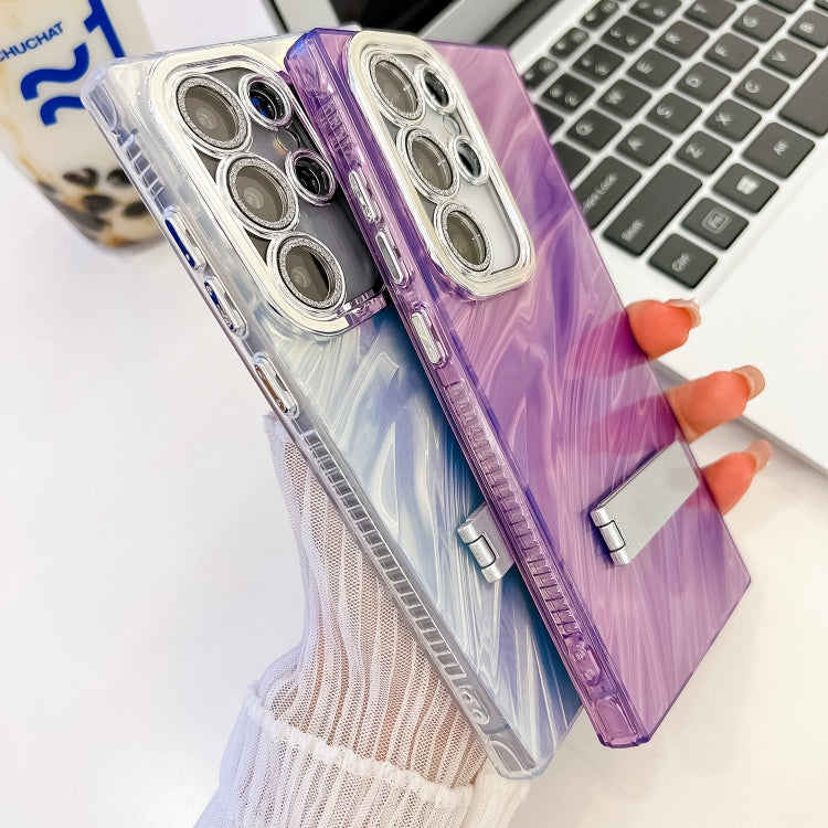 For Samsung Galaxy S25 5G Plating Glitter Texture Fold Holder TPU Phone Case with Lens Film(Purple Shell Pattern) by buy2fix