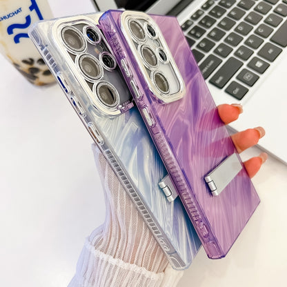 For Samsung Galaxy S25 5G Plating Glitter Texture Fold Holder TPU Phone Case with Lens Film(Purple Shell Pattern) by buy2fix