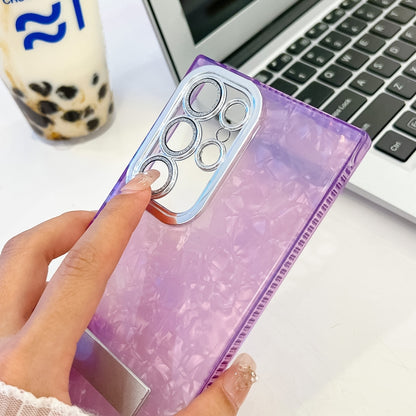 For Samsung Galaxy S25 5G Plating Glitter Texture Fold Holder TPU Phone Case with Lens Film(Purple Shell Pattern) by buy2fix