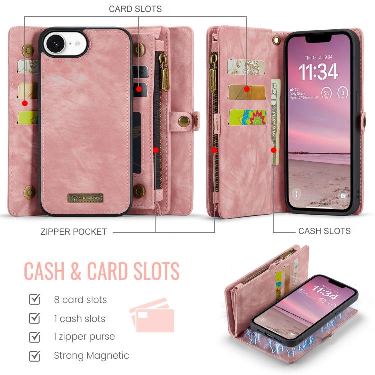 For iPhone 16e CaseMe 008 Detachable Multifunctional Leather Phone Case(Pink) - iPhone 16e Cases by CaseMe | Online Shopping UK | buy2fix