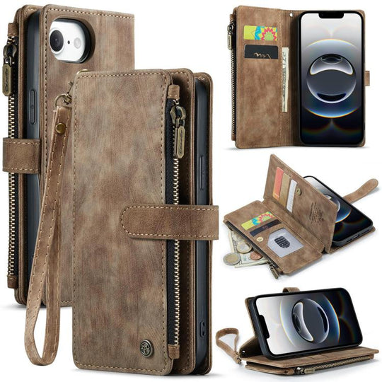 For iPhone 17e / 16e CaseMe C30 Card Slots Zipper Wallet Leather Phone Case(Brown)
