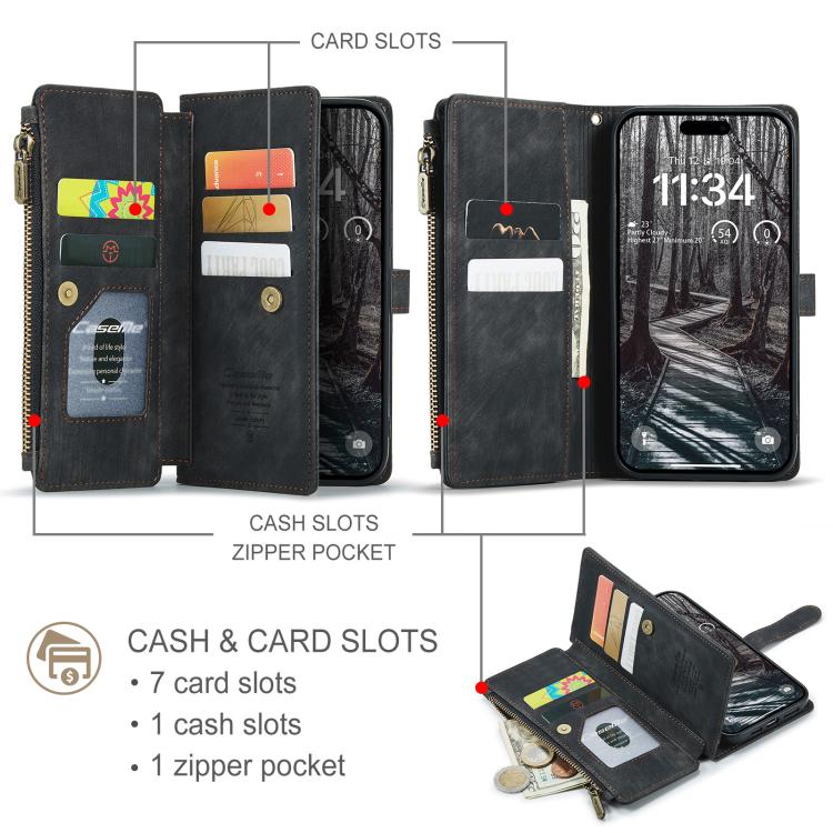 For iPhone 17 Pro CaseMe C30 Card Slots Zipper Wallet Leather Phone Case(Black) - iPhone 17 Pro Cases by CaseMe | Online Shopping UK | buy2fix