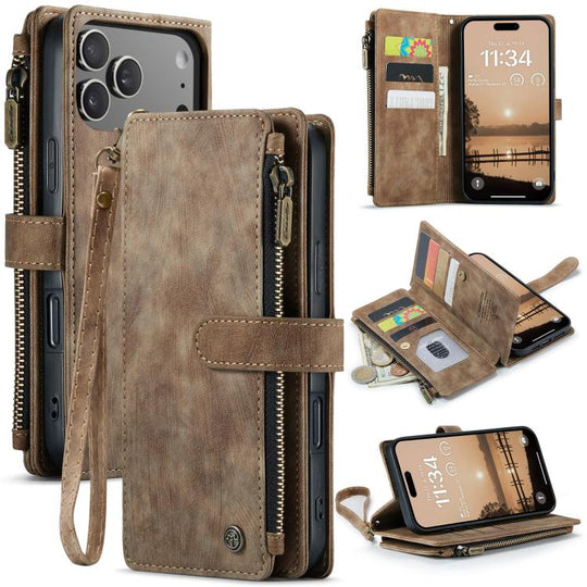 For iPhone 18 Pro Max / 17 Pro Max CaseMe C30 Card Slots Zipper Wallet Leather Phone Case(Brown)