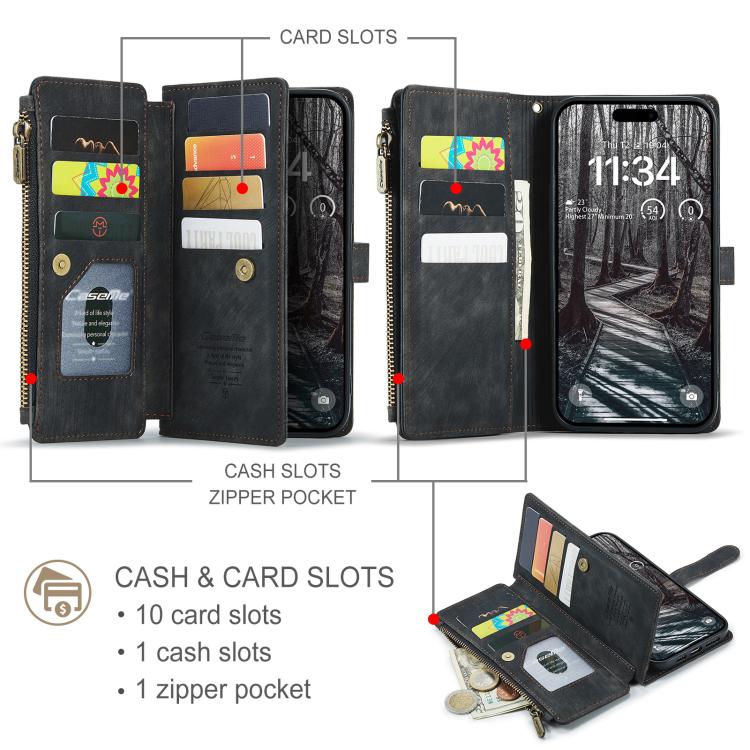 For iPhone 17 Pro Max CaseMe C30 Card Slots Zipper Wallet Leather Phone Case(Black) - iPhone 17 Pro Max Cases by CaseMe | Online Shopping UK | buy2fix