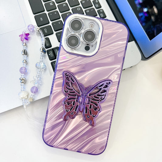 For iPhone 16 Pro Max Plating Glitter Lens Film Texture Butterfly Holder Wristband Phone Case(Purple Water Ripples) by buy2fix