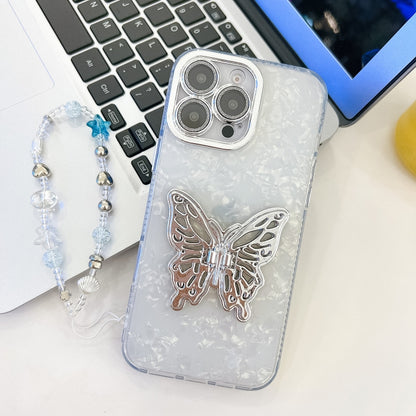 For iPhone 16 Pro Max Plating Glitter Lens Film Texture Butterfly Holder Wristband Phone Case(White Shell Pattern) by buy2fix