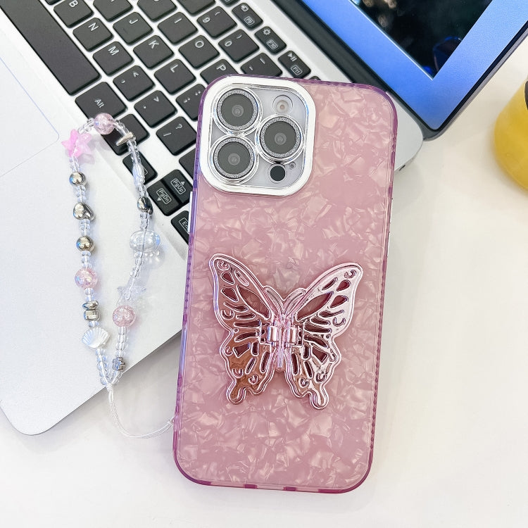 For iPhone 16 Pro Max Plating Glitter Lens Film Texture Butterfly Holder Wristband Phone Case(Pink Shell Pattern) by buy2fix