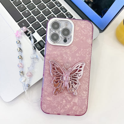 For iPhone 16 Pro Max Plating Glitter Lens Film Texture Butterfly Holder Wristband Phone Case(Pink Shell Pattern) by buy2fix