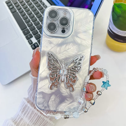 For iPhone 16 Pro Max Plating Glitter Lens Film Texture Butterfly Holder Wristband Phone Case(White Feathers) by buy2fix