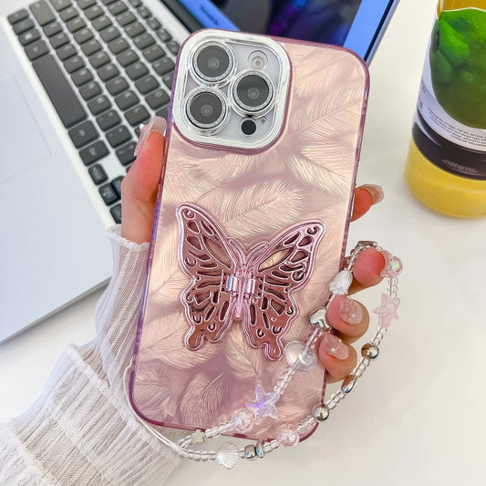 For iPhone 16 Pro Max Plating Glitter Lens Film Texture Butterfly Holder Wristband Phone Case(Pink Feathers) by buy2fix
