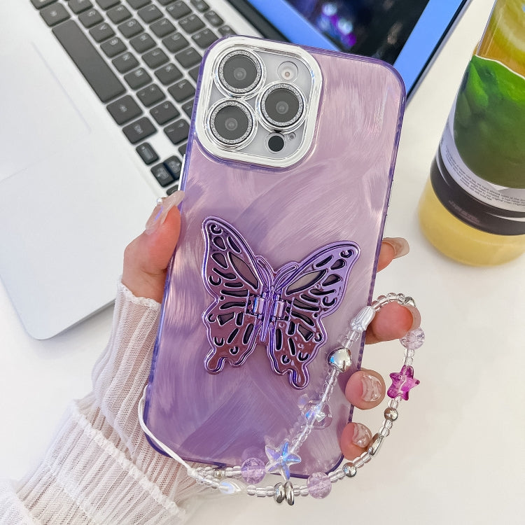 For iPhone 16 Pro Max Plating Glitter Lens Film Texture Butterfly Holder Wristband Phone Case(Purple Feather Yarn) by buy2fix