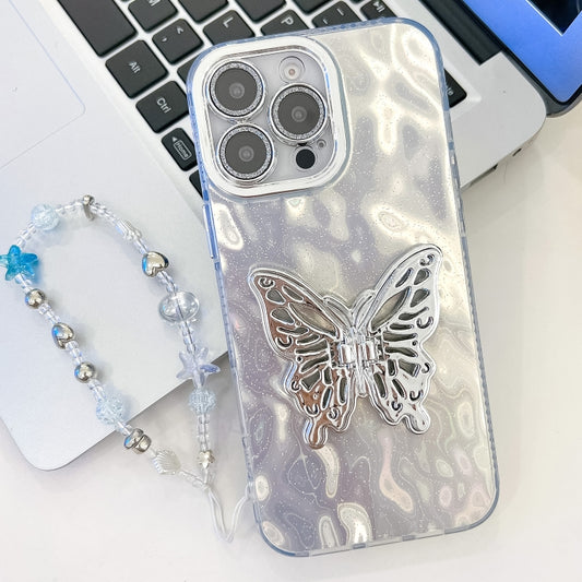For iPhone 16 Pro Max Plating Glitter Lens Film Texture Butterfly Holder Wristband Phone Case(White Wrinkles) by buy2fix