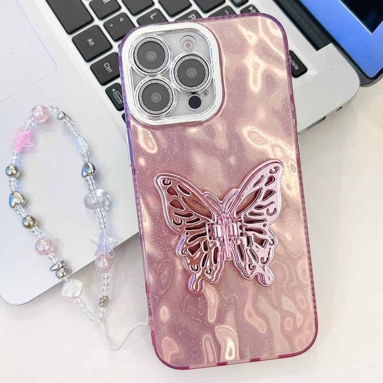 For iPhone 16 Pro Max Plating Glitter Lens Film Texture Butterfly Holder Wristband Phone Case(Pink Wrinkles) by buy2fix