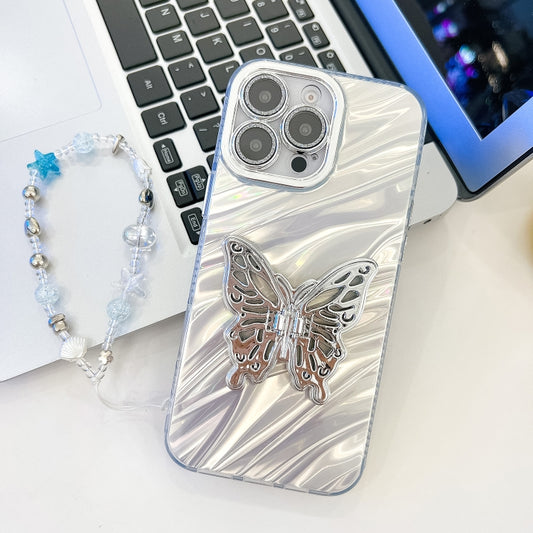 For iPhone 16 Pro Plating Glitter Lens Film Texture Butterfly Holder Wristband Phone Case(White Water Ripples) by buy2fix