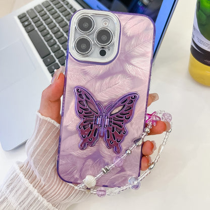For iPhone 16 Pro Plating Glitter Lens Film Texture Butterfly Holder Wristband Phone Case(Purple Feathers) by buy2fix