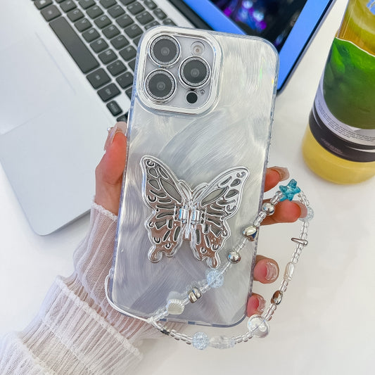 For iPhone 16 Pro Plating Glitter Lens Film Texture Butterfly Holder Wristband Phone Case(White Feather Yarn) by buy2fix
