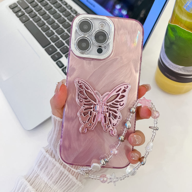 For iPhone 16 Pro Plating Glitter Lens Film Texture Butterfly Holder Wristband Phone Case(Pink Feather Yarn) by buy2fix