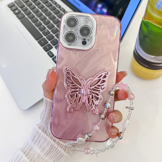 For iPhone 16 Pro Plating Glitter Lens Film Texture Butterfly Holder Wristband Phone Case(Pink Feather Yarn) by buy2fix