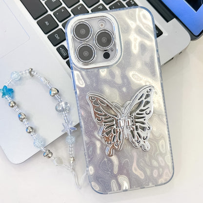 For iPhone 16 Pro Plating Glitter Lens Film Texture Butterfly Holder Wristband Phone Case(White Wrinkles) by buy2fix