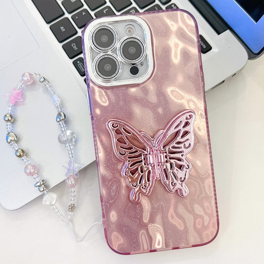 For iPhone 16 Pro Plating Glitter Lens Film Texture Butterfly Holder Wristband Phone Case(Pink Wrinkles) by buy2fix