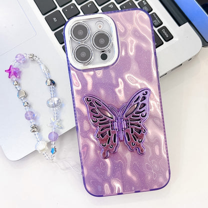 For iPhone 16 Pro Plating Glitter Lens Film Texture Butterfly Holder Wristband Phone Case(Purple Wrinkles) by buy2fix