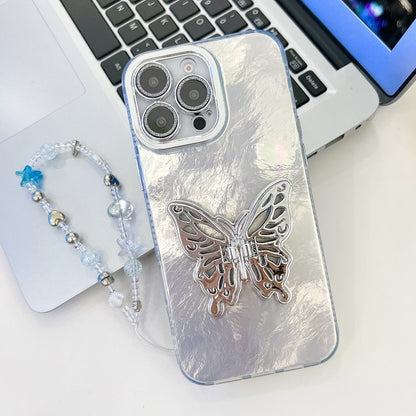 For iPhone 16 Pro Plating Glitter Lens Film Texture Butterfly Holder Wristband Phone Case(White Tinfoil Texture) by buy2fix