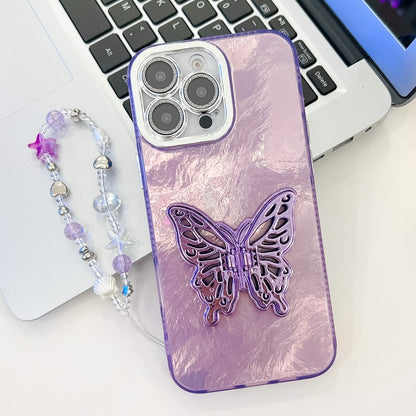 For iPhone 16 Pro Plating Glitter Lens Film Texture Butterfly Holder Wristband Phone Case(Purple Tinfoil Texture) by buy2fix