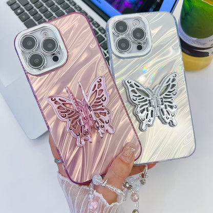 For iPhone 16 Pro Max Plating Glitter Lens Film Texture Butterfly Holder Wristband Phone Case(White Feathers) by buy2fix