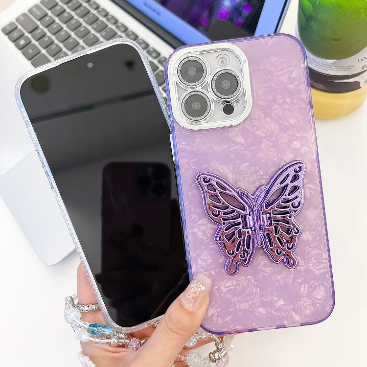 For iPhone 16 Pro Max Plating Glitter Lens Film Texture Butterfly Holder Wristband Phone Case(Purple Tinfoil Texture) by buy2fix