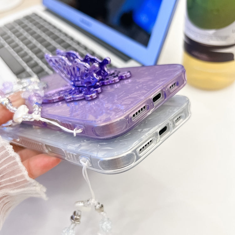 For iPhone 16 Pro Plating Glitter Lens Film Texture Butterfly Holder Wristband Phone Case(Purple Tinfoil Texture) by buy2fix