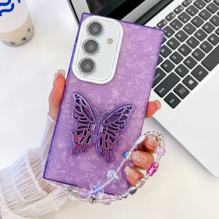 For Samsung Galaxy S25 5G Plating Glitter Lens Film Texture Butterfly Holder Wristband Phone Case(Purple Shell Pattern) by buy2fix