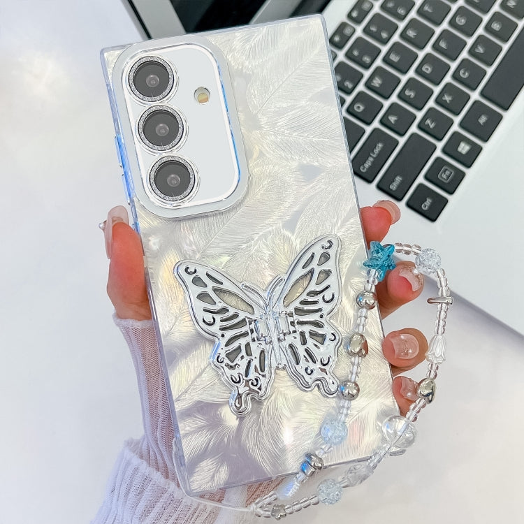 For Samsung Galaxy S25 5G Plating Glitter Lens Film Texture Butterfly Holder Wristband Phone Case(White Feathers) by buy2fix