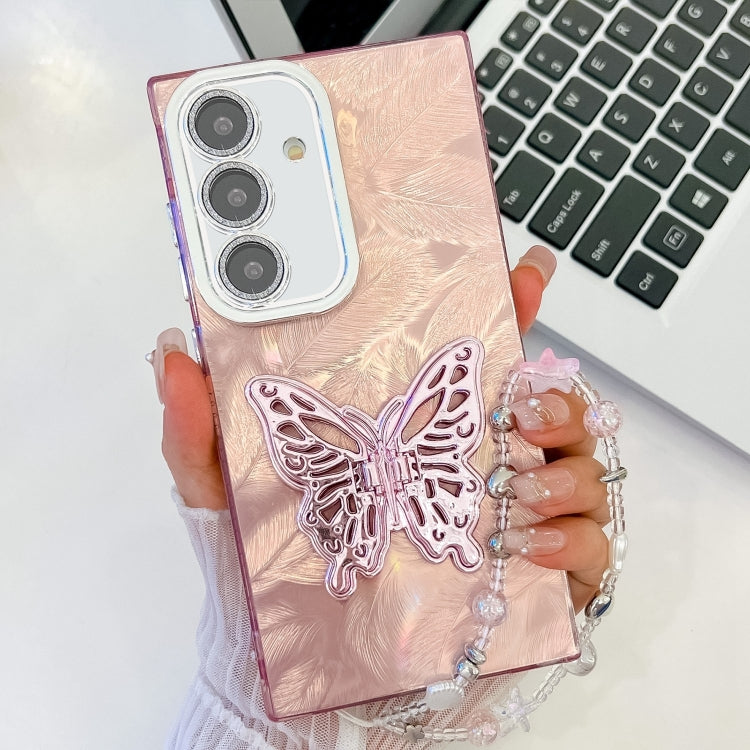 For Samsung Galaxy S25 5G Plating Glitter Lens Film Texture Butterfly Holder Wristband Phone Case(Pink Feathers) by buy2fix