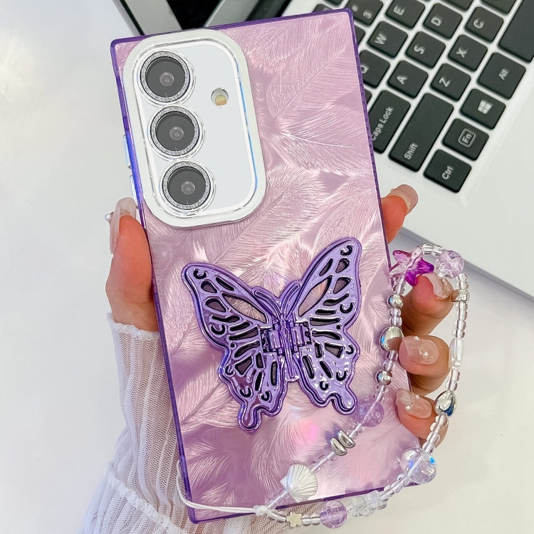 For Samsung Galaxy S25 5G Plating Glitter Lens Film Texture Butterfly Holder Wristband Phone Case(Purple Feathers) by buy2fix