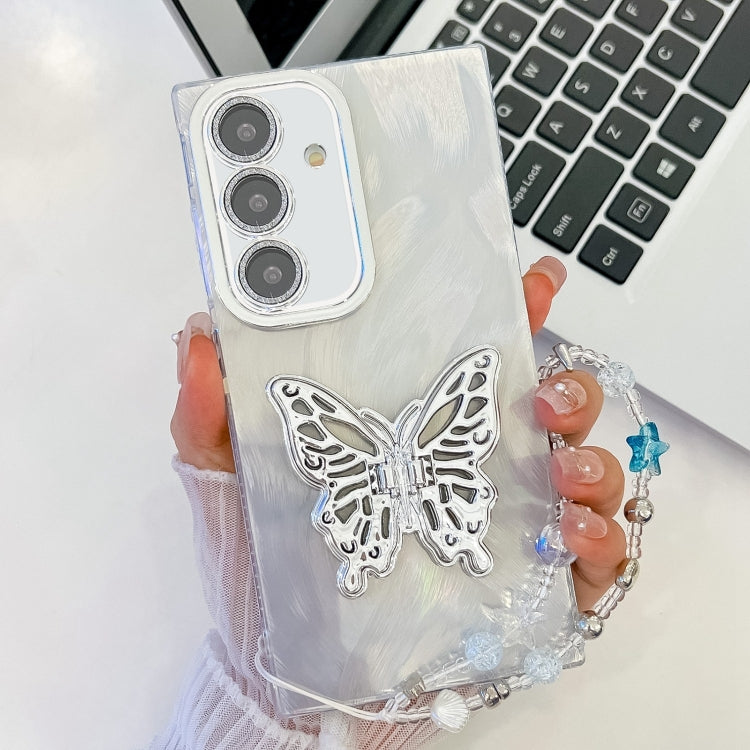 For Samsung Galaxy S25 5G Plating Glitter Lens Film Texture Butterfly Holder Wristband Phone Case(White Feather Yarn) by buy2fix
