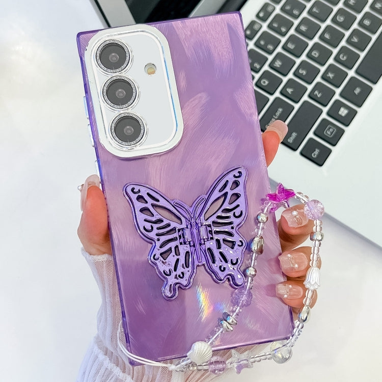 For Samsung Galaxy S25 5G Plating Glitter Lens Film Texture Butterfly Holder Wristband Phone Case(Purple Feather Yarn) by buy2fix