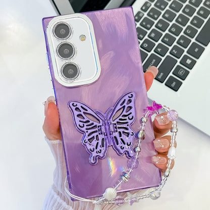 For Samsung Galaxy S25 5G Plating Glitter Lens Film Texture Butterfly Holder Wristband Phone Case(Purple Feather Yarn) by buy2fix