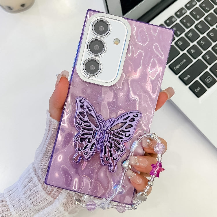 For Samsung Galaxy S25 5G Plating Glitter Lens Film Texture Butterfly Holder Wristband Phone Case(Purple Wrinkles) by buy2fix