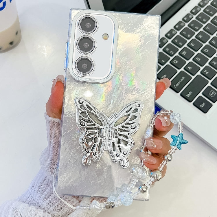 For Samsung Galaxy S25 5G Plating Glitter Lens Film Texture Butterfly Holder Wristband Phone Case(White Tinfoil Texture) by buy2fix