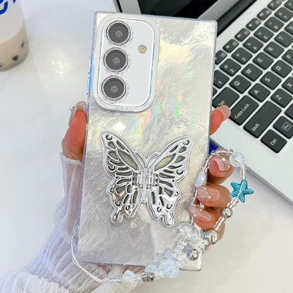 For Samsung Galaxy S25 5G Plating Glitter Lens Film Texture Butterfly Holder Wristband Phone Case(White Tinfoil Texture) by buy2fix