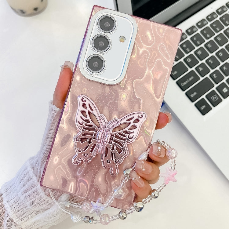 For Samsung Galaxy S25 5G Plating Glitter Lens Film Texture Butterfly Holder Wristband Phone Case(Pink Tinfoil Texture) by buy2fix